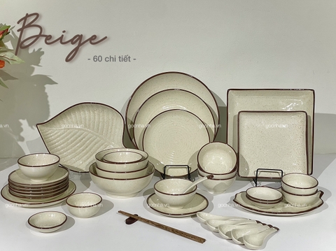 Set chén bát men tiêu Simple Beige 60 món