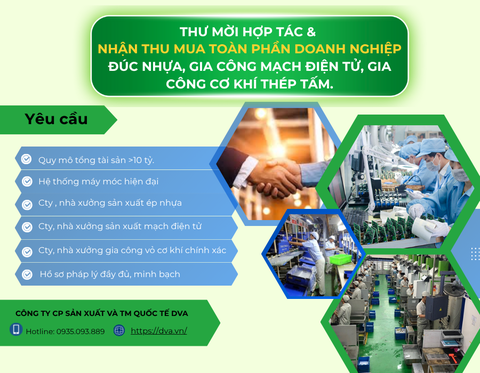 DVA Tìm Kiếm Cơ Hội Hợp Tác và Thu Mua Toàn Phần Doanh Nghiệp Đúc Nhựa, Mạch Điện Tử, Cơ Khí Chính Xác