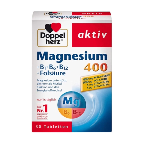 Viên uống hỗ trợ thần kinh khoẻ mạnh Doppelherz Magnesium 400+B1+B6+B12+Folsaure, hộp 30 viên