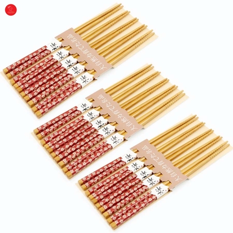 Combo 5 đôi đũa tre tự nhiên mẫu hoa đỏ 22cm