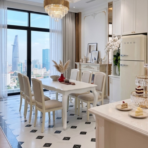 Bộ bàn ăn tân cổ điển màu trắng