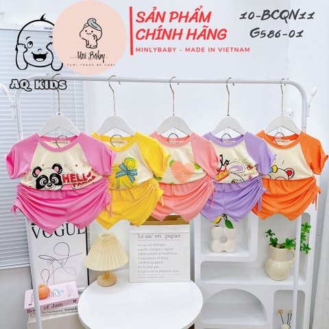 BCQN11 -  Bộ cộc tay bé gái thun lạnh Minlybaby raglang quần nhún nơ + áo bo chỉ thun