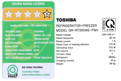 Tủ lạnh Toshiba Inverter 311 lít GR-RT395WE-PMV(06)-MG