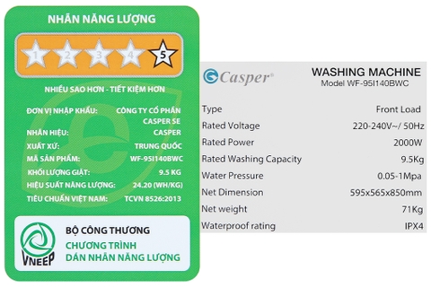 Máy giặt Casper Inverter 9.5 KG WF-95I140BWC