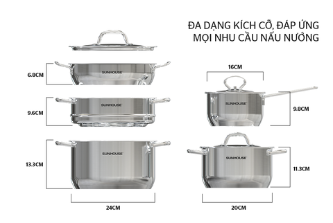 Bộ nồi chảo inox Sunhouse SH995 5 đáy
