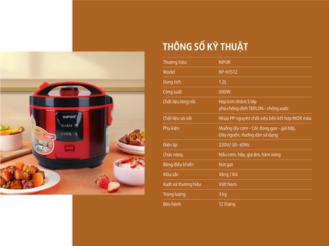 Nồi cơm Kipor 1,2L màu đỏ KP N1512