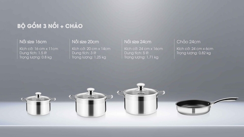 Bộ nồi chảo inox 3 lớp cao cấp Mutosi 4 chiếc MC-347