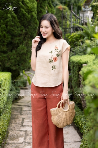 SONO - Áo linen cổ đan thêu hoa