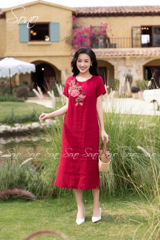 SONO - Đầm linen có tay thêu 5 nhánh hoa đặc