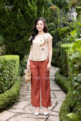 SONO - Áo linen cổ đan thêu hoa