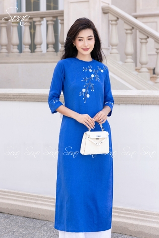 SONO - Áo dài linen cổ đan tay thêu cành lá