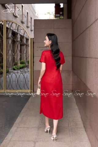 SONO - Đầm linen có tay thêu bình hoa mẫu đơn