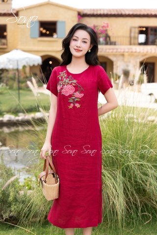 SONO - Đầm linen có tay thêu 5 nhánh hoa đặc