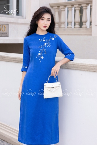 SONO - Áo dài linen cổ đan tay thêu cành lá