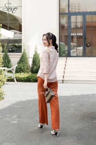 SONO - Áo sơ mi dài tay linen thêu hoa vai