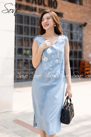 SONO - Đầm linen đính nút vai thêu đặc