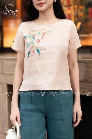 SONO - Áo linen thêu lá xanh se hạt hồng