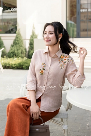 SONO - Áo sơ mi dài tay linen thêu hoa vai