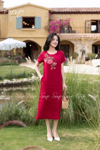 SONO - Đầm linen có tay thêu 5 nhánh hoa đặc