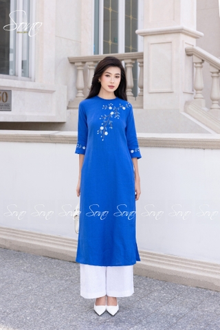 SONO - Áo dài linen cổ đan tay thêu cành lá