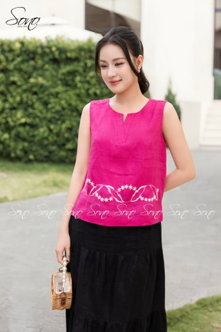 SONO - Áo sát nách linen thêu viền lai