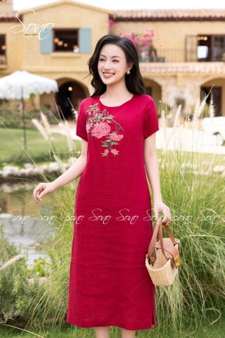 SONO - Đầm linen có tay thêu 5 nhánh hoa đặc