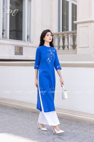 SONO - Áo dài linen cổ đan tay thêu cành lá