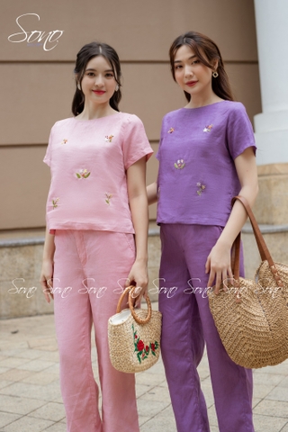 SONO - Bộ dài linen thêu hoa rơi