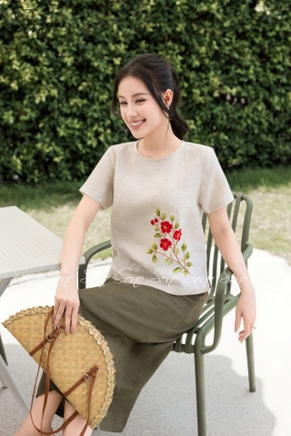 SONO - Áo linen thêu cành hoa đỏ