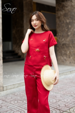 SONO - Bộ dài linen thêu hoa rơi
