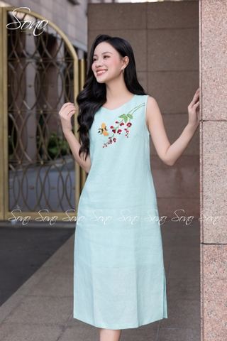 SONO - Đầm linen sát nách thêu nhánh hoa cam