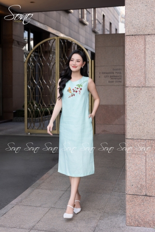 SONO - Đầm linen sát nách thêu nhánh hoa cam