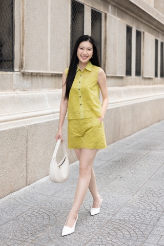 SONO- Set short cổ sơ mi tơ thêu nhật