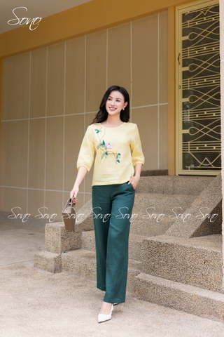 SONO - Áo linen tay lồng đèn thêu nhánh hoa trắng