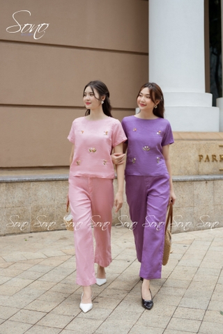 SONO - Bộ dài linen thêu hoa rơi