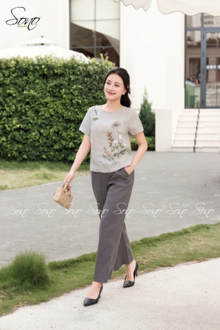 SONO - Áo linen cổ tròn thêu cây cỏ