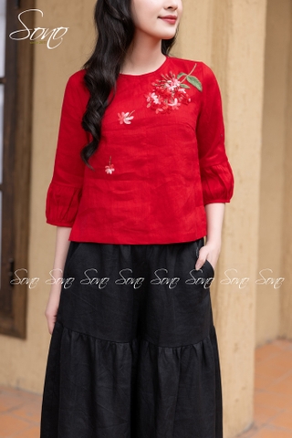 SONO - Áo linen tay lỡ thêu nhành hoa rơi