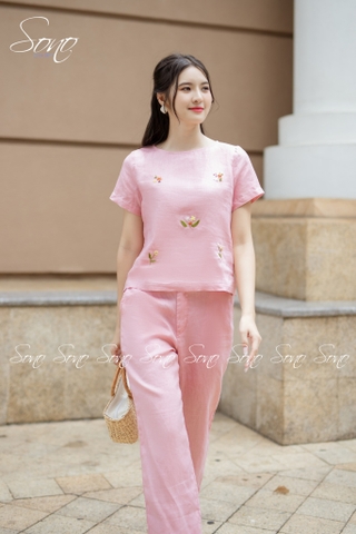SONO - Bộ dài linen thêu hoa rơi