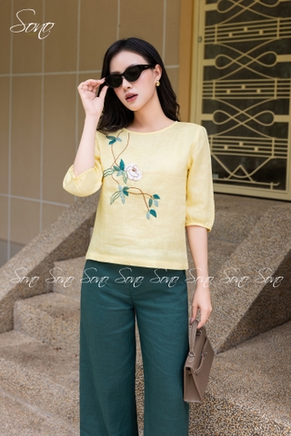 SONO - Áo linen tay lồng đèn thêu nhánh hoa trắng