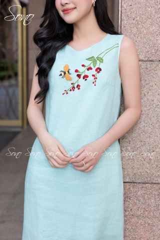 SONO - Đầm linen sát nách thêu nhánh hoa cam