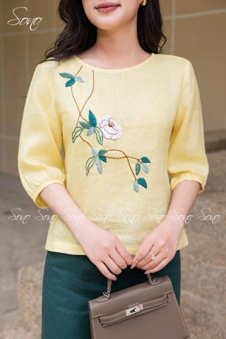 SONO - Áo linen tay lồng đèn thêu nhánh hoa trắng