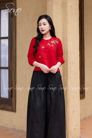 SONO - Áo linen tay lỡ thêu nhành hoa rơi