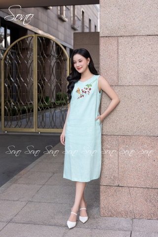 SONO - Đầm linen sát nách thêu nhánh hoa cam