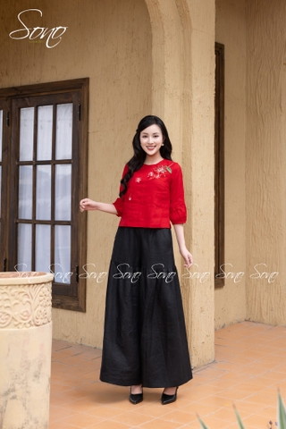 SONO - Áo linen tay lỡ thêu nhành hoa rơi
