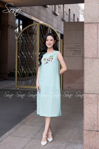 SONO - Đầm linen sát nách thêu nhánh hoa cam