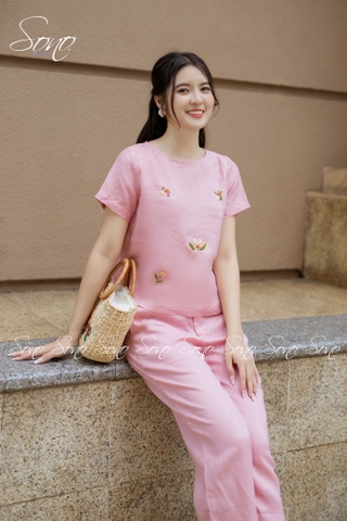 SONO - Bộ dài linen thêu hoa rơi