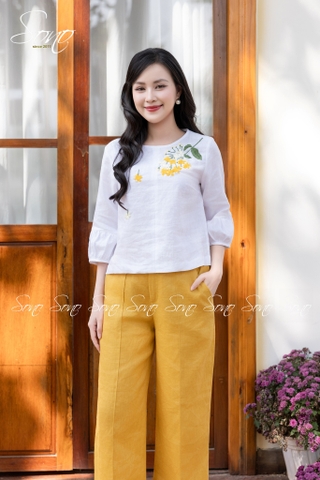 SONO - Áo linen tay lỡ thêu nhành hoa rơi