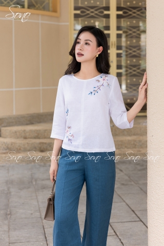 SONO - Áo linen tay lỡ thêu hoa tím đối xứng