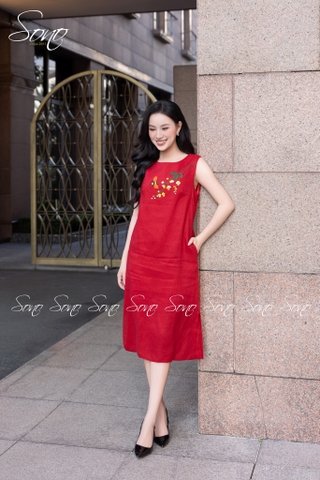 SONO - Đầm linen sát nách thêu nhánh hoa cam