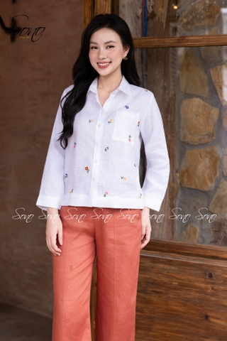 SONO - Áo sơ mi linen thêu hoa rơi